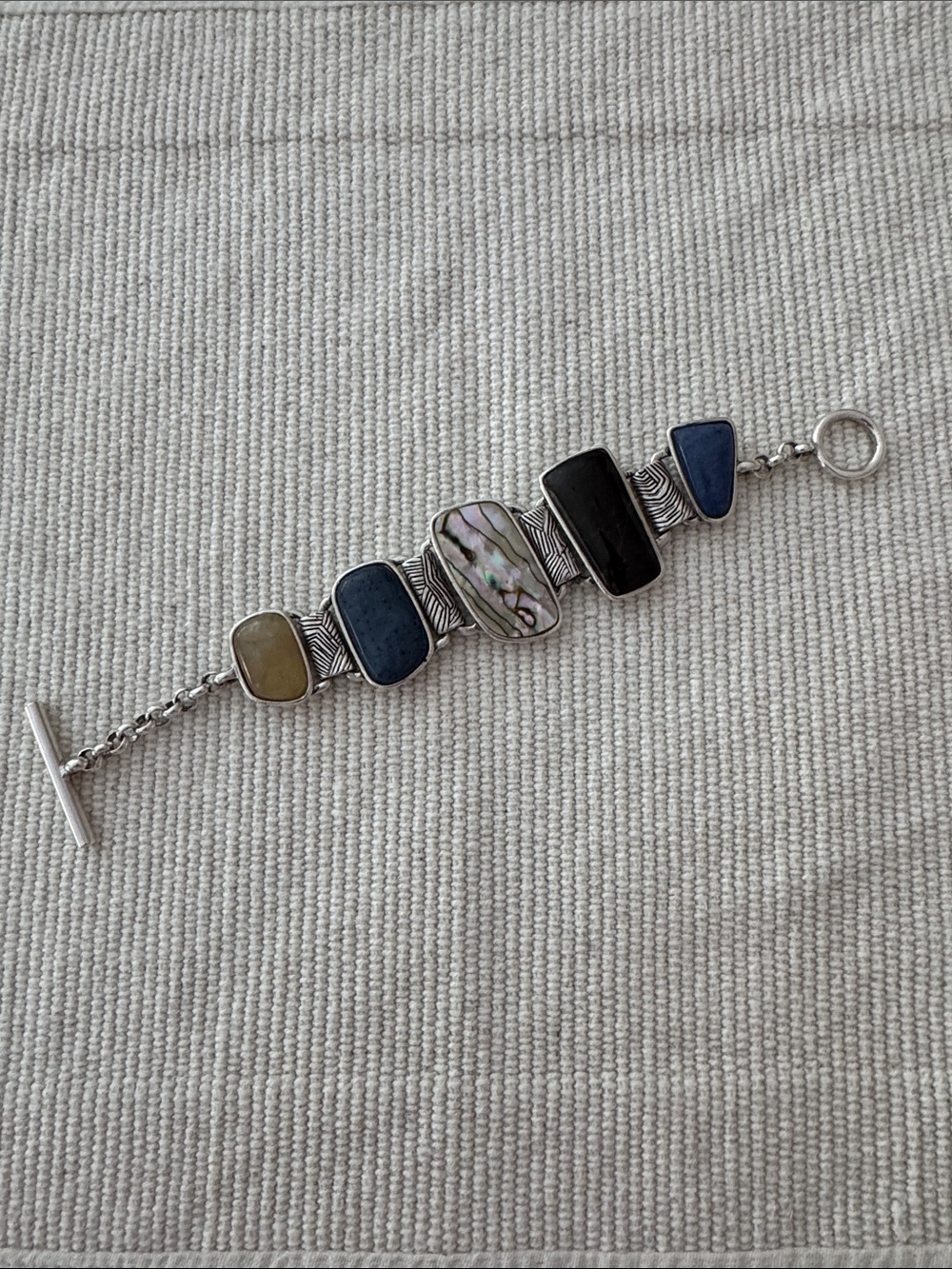 Multistone Silver Toggle Bracelet with Abalone Accent - Blue/Black/Olive-Yellow